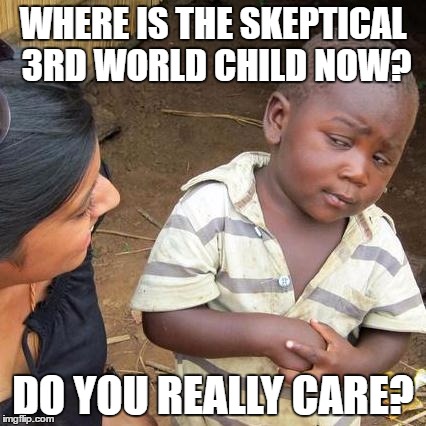 1st world skeptic | WHERE IS THE SKEPTICAL 3RD WORLD CHILD NOW? DO YOU REALLY CARE? | image tagged in memes,third world skeptical kid | made w/ Imgflip meme maker