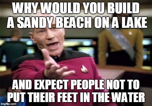 Picard Wtf | WHY WOULD YOU BUILD A SANDY BEACH ON A LAKE; AND EXPECT PEOPLE NOT TO PUT THEIR FEET IN THE WATER | image tagged in memes,picard wtf | made w/ Imgflip meme maker