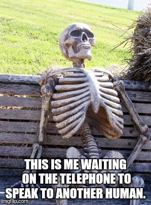 Waiting Skeleton | THIS IS ME WAITING ON THE TELEPHONE TO SPEAK TO ANOTHER HUMAN. | image tagged in memes,waiting skeleton | made w/ Imgflip meme maker