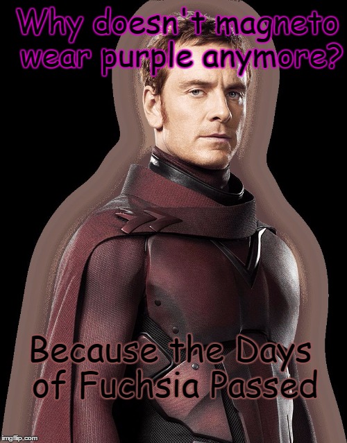X-Men Jokes... They get the best of me... | Why doesn't magneto wear purple anymore? Because the Days of Fuchsia Passed | image tagged in magneto,x men,eric,purple is gone,days of future past | made w/ Imgflip meme maker