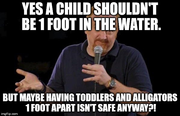 Louis ck but maybe | YES A CHILD SHOULDN'T BE 1 FOOT IN THE WATER. BUT MAYBE HAVING TODDLERS AND ALLIGATORS 1 FOOT APART ISN'T SAFE ANYWAY?! | image tagged in louis ck but maybe | made w/ Imgflip meme maker