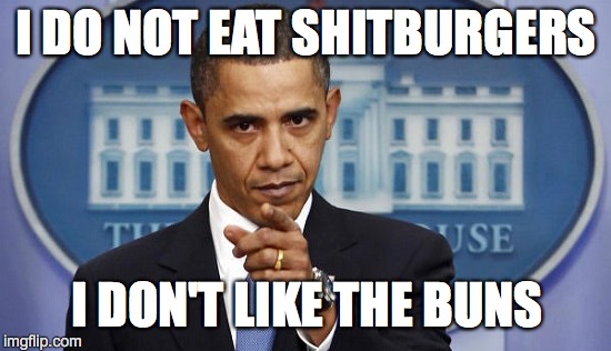 OBAMA SCOLDING | I DO NOT EAT SHITBURGERS; I DON'T LIKE THE BUNS | image tagged in pissed off obama | made w/ Imgflip meme maker