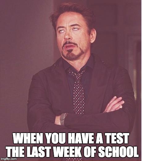 Face You Make Robert Downey Jr Meme | WHEN YOU HAVE A TEST THE LAST WEEK OF SCHOOL | image tagged in memes,face you make robert downey jr | made w/ Imgflip meme maker