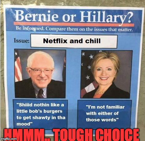 In such trying times, we need answers | HMMM.. TOUGH CHOICE | image tagged in memes,funny,bernie sanders,hillary clinton,presidential race,lol | made w/ Imgflip meme maker