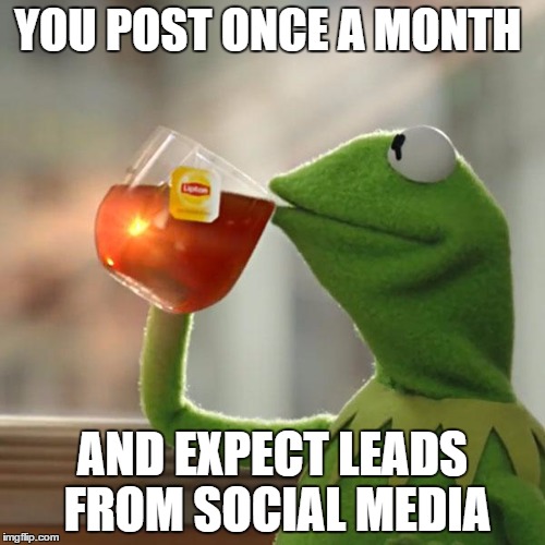 But That's None Of My Business | YOU POST ONCE A MONTH; AND EXPECT LEADS FROM SOCIAL MEDIA | image tagged in memes,but thats none of my business,kermit the frog | made w/ Imgflip meme maker