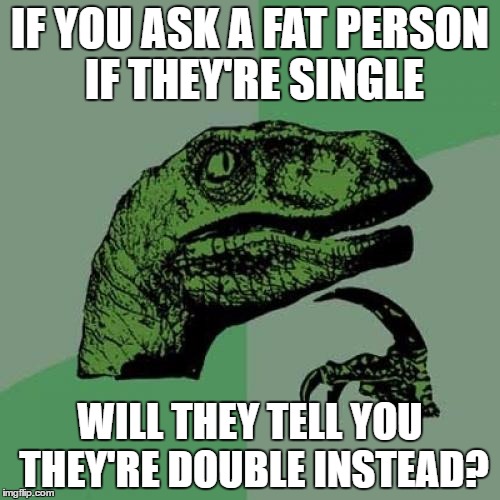 I thought of this while eating a sandwich. | IF YOU ASK A FAT PERSON IF THEY'RE SINGLE; WILL THEY TELL YOU THEY'RE DOUBLE INSTEAD? | image tagged in memes,philosoraptor | made w/ Imgflip meme maker