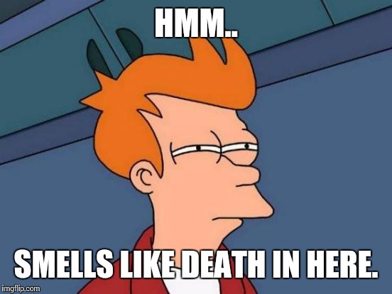 Futurama Fry Meme | HMM.. SMELLS LIKE DEATH IN HERE. | image tagged in memes,futurama fry | made w/ Imgflip meme maker