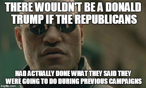 Matrix Morpheus Meme | THERE WOULDN'T BE A DONALD TRUMP IF THE REPUBLICANS; HAD ACTUALLY DONE WHAT THEY SAID THEY WERE GOING TO DO DURING PREVIOUS CAMPAIGNS | image tagged in memes,matrix morpheus | made w/ Imgflip meme maker