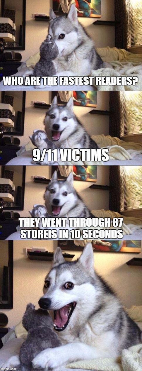 9/11 broke some records that day | WHO ARE THE FASTEST READERS? 9/11 VICTIMS; THEY WENT THROUGH 87 STOREIS IN 10 SECONDS | image tagged in bad pun dog long extra panel,memes,jokes,bad pun dog,funny,911 | made w/ Imgflip meme maker
