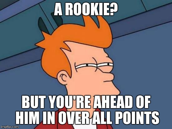Futurama Fry Meme | A ROOKIE? BUT YOU'RE AHEAD OF HIM IN OVER ALL POINTS | image tagged in memes,futurama fry | made w/ Imgflip meme maker