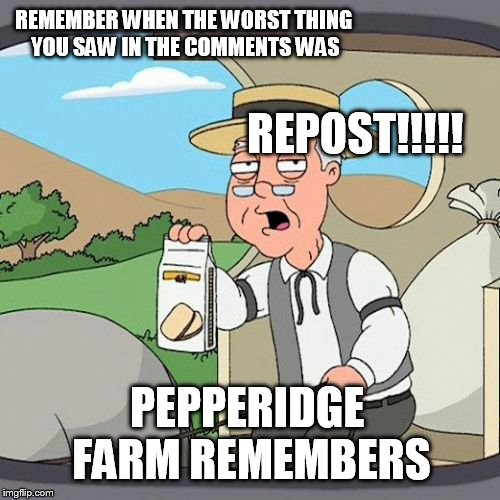 Pepperidge Farm Remembers | REMEMBER WHEN THE WORST THING YOU SAW IN THE COMMENTS WAS; REPOST!!!!! PEPPERIDGE FARM REMEMBERS | image tagged in memes,pepperidge farm remembers | made w/ Imgflip meme maker