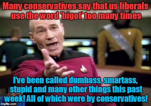 Picard Wtf Meme | Many conservatives say that us liberals use the word 'bigot' too many times I've been called dumbass, smartass, stupid and many other things | image tagged in memes,picard wtf | made w/ Imgflip meme maker