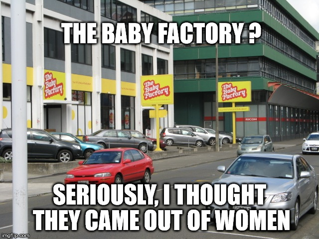 THE BABY FACTORY ? SERIOUSLY, I THOUGHT THEY CAME OUT OF WOMEN | made w/ Imgflip meme maker