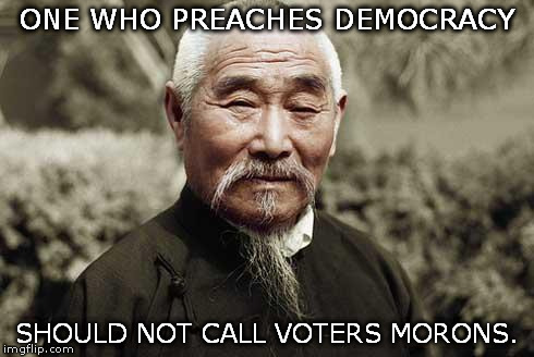 hypocrisy | ONE WHO PREACHES DEMOCRACY; SHOULD NOT CALL VOTERS MORONS. | image tagged in wisdom democracy trump liberals | made w/ Imgflip meme maker