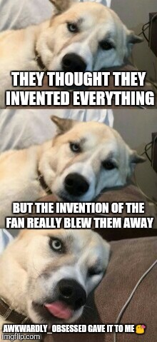 Bored Pun Dog | THEY THOUGHT THEY INVENTED EVERYTHING; BUT THE INVENTION OF THE FAN REALLY BLEW THEM AWAY; AWKWARDLY_OBSESSED GAVE IT TO ME 😘 | image tagged in bored pun dog,bad pun dog | made w/ Imgflip meme maker