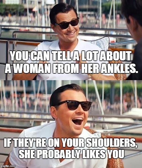 Leonardo Dicaprio Wolf Of Wall Street Meme | YOU CAN TELL A LOT ABOUT A WOMAN FROM HER ANKLES. IF THEY'RE ON YOUR SHOULDERS, SHE PROBABLY LIKES YOU | image tagged in memes,leonardo dicaprio wolf of wall street | made w/ Imgflip meme maker