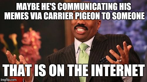 MAYBE HE'S COMMUNICATING HIS MEMES VIA CARRIER PIGEON TO SOMEONE THAT IS ON THE INTERNET | image tagged in memes,steve harvey | made w/ Imgflip meme maker