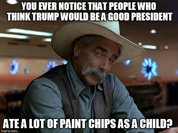 special kind of stupid | YOU EVER NOTICE THAT PEOPLE WHO THINK TRUMP WOULD BE A GOOD PRESIDENT; ATE A LOT OF PAINT CHIPS AS A CHILD? | image tagged in special kind of stupid | made w/ Imgflip meme maker