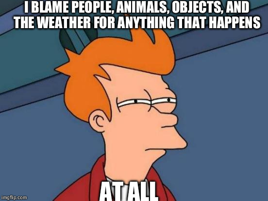 Futurama Fry | I BLAME PEOPLE, ANIMALS, OBJECTS, AND THE WEATHER FOR ANYTHING THAT HAPPENS; AT ALL | image tagged in memes,futurama fry | made w/ Imgflip meme maker