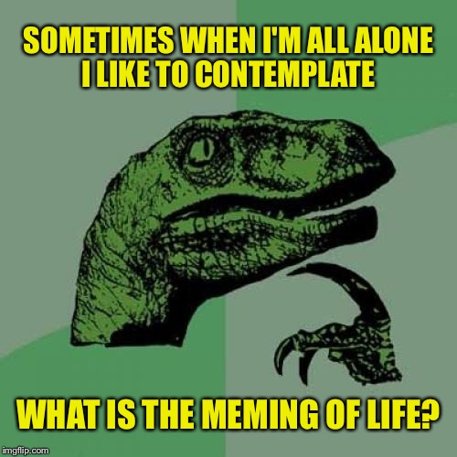 Am I the only one? | SOMETIMES WHEN I'M ALL ALONE; I LIKE TO CONTEMPLATE; WHAT IS THE MEMING OF LIFE? | image tagged in memes,philosoraptor,funny,meme addict,i wonder | made w/ Imgflip meme maker