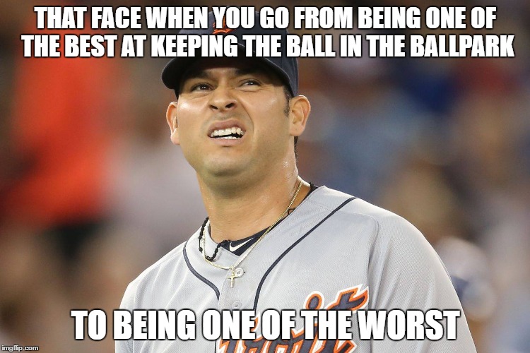 sanchez was one of the best, and it's gone! | THAT FACE WHEN YOU GO FROM BEING ONE OF THE BEST AT KEEPING THE BALL IN THE BALLPARK; TO BEING ONE OF THE WORST | image tagged in detroit tigers,sanchez,best to worst,homerun,pitcher | made w/ Imgflip meme maker