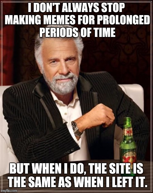 The updated comment feature is nice, though. | I DON'T ALWAYS STOP MAKING MEMES FOR PROLONGED PERIODS OF TIME; BUT WHEN I DO, THE SITE IS THE SAME AS WHEN I LEFT IT. | image tagged in memes,the most interesting man in the world | made w/ Imgflip meme maker