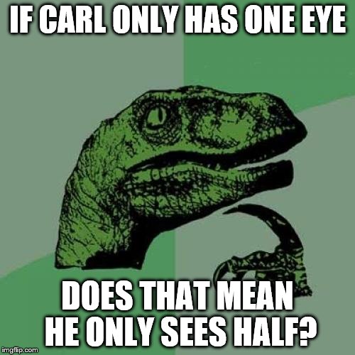 The Walking Dead questioner. | IF CARL ONLY HAS ONE EYE; DOES THAT MEAN HE ONLY SEES HALF? | image tagged in memes,philosoraptor | made w/ Imgflip meme maker