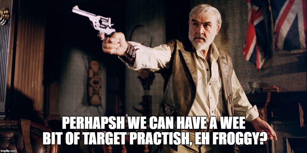 PERHAPSH WE CAN HAVE A WEE BIT OF TARGET PRACTISH, EH FROGGY? | made w/ Imgflip meme maker
