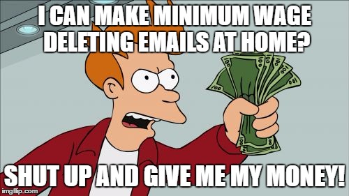 Shut Up And Take My Money Fry Meme | I CAN MAKE MINIMUM WAGE DELETING EMAILS AT HOME? SHUT UP AND GIVE ME MY MONEY! | image tagged in memes,shut up and take my money fry | made w/ Imgflip meme maker