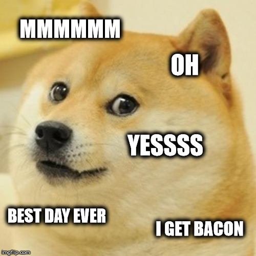 Doge | MMMMMM; OH; YESSSS; BEST DAY EVER; I GET BACON | image tagged in memes,doge | made w/ Imgflip meme maker