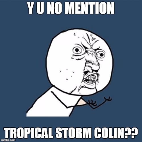 Y U No Meme | Y U NO MENTION TROPICAL STORM COLIN?? | image tagged in memes,y u no | made w/ Imgflip meme maker