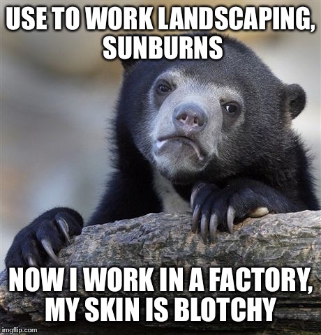 Confession Bear | USE TO WORK LANDSCAPING, SUNBURNS; NOW I WORK IN A FACTORY, MY SKIN IS BLOTCHY | image tagged in memes,confession bear | made w/ Imgflip meme maker
