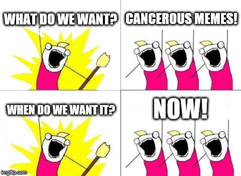 What Do We Want Meme | WHAT DO WE WANT? CANCEROUS MEMES! NOW! WHEN DO WE WANT IT? | image tagged in memes,what do we want | made w/ Imgflip meme maker