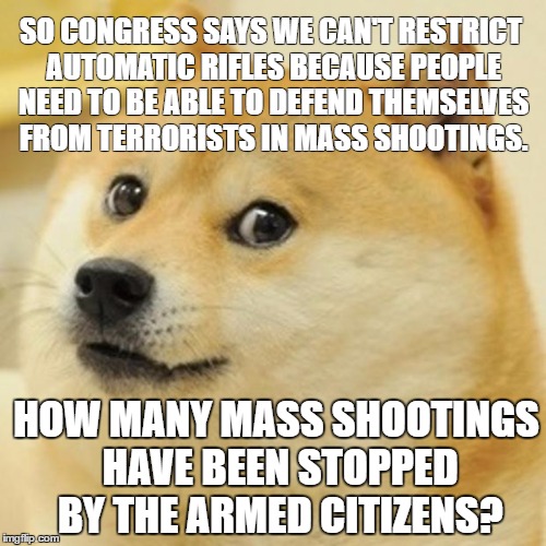 Doge | SO CONGRESS SAYS WE CAN'T RESTRICT AUTOMATIC RIFLES BECAUSE PEOPLE NEED TO BE ABLE TO DEFEND THEMSELVES FROM TERRORISTS IN MASS SHOOTINGS. HOW MANY MASS SHOOTINGS HAVE BEEN STOPPED BY THE ARMED CITIZENS? | image tagged in memes,doge | made w/ Imgflip meme maker