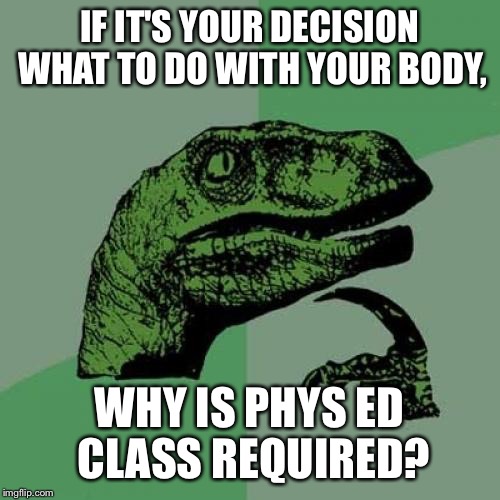 Philosoraptor Meme |  IF IT'S YOUR DECISION WHAT TO DO WITH YOUR BODY, WHY IS PHYS ED CLASS REQUIRED? | image tagged in memes,philosoraptor | made w/ Imgflip meme maker
