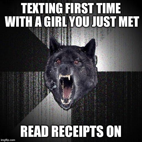 Insanity Wolf | TEXTING FIRST TIME WITH A GIRL YOU JUST MET; READ RECEIPTS ON | image tagged in memes,insanity wolf | made w/ Imgflip meme maker
