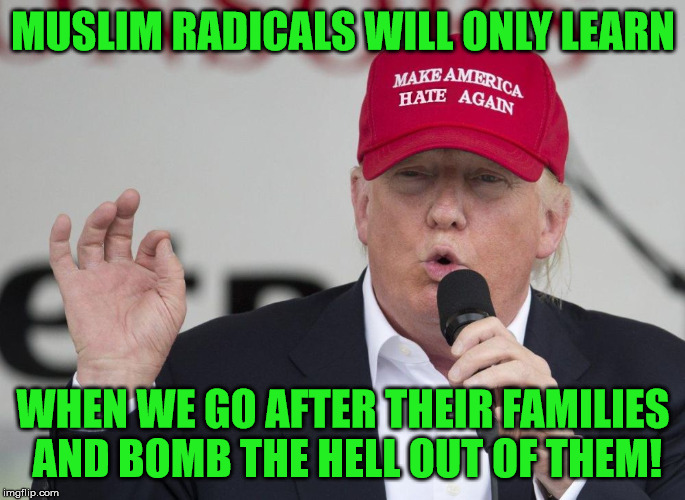 New Trump Hat | MUSLIM RADICALS WILL ONLY LEARN; WHEN WE GO AFTER THEIR FAMILIES AND BOMB THE HELL OUT OF THEM! | image tagged in new trump hat | made w/ Imgflip meme maker