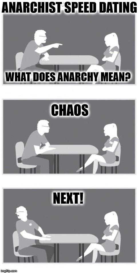 Anarchist Speed Dating | ANARCHIST SPEED DATING; WHAT DOES ANARCHY MEAN? CHAOS; NEXT! | image tagged in speed dating template,anarchy,relationship anarchy | made w/ Imgflip meme maker
