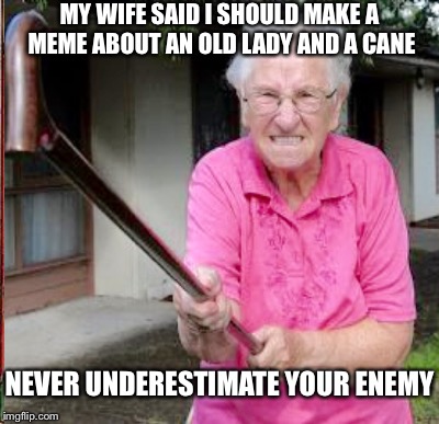 Old Lady Knows How To Use It | MY WIFE SAID I SHOULD MAKE A MEME ABOUT AN OLD LADY AND A CANE; NEVER UNDERESTIMATE YOUR ENEMY | image tagged in old lady | made w/ Imgflip meme maker