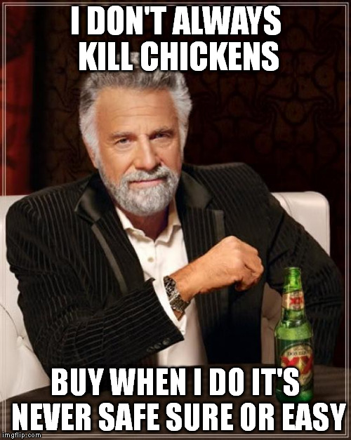The Most Interesting Man In The World Meme | I DON'T ALWAYS KILL CHICKENS BUY WHEN I DO IT'S NEVER SAFE SURE OR EASY | image tagged in memes,the most interesting man in the world | made w/ Imgflip meme maker