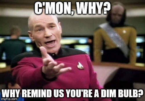 Picard Wtf Meme | C'MON, WHY? WHY REMIND US YOU'RE A DIM BULB? | image tagged in memes,picard wtf | made w/ Imgflip meme maker