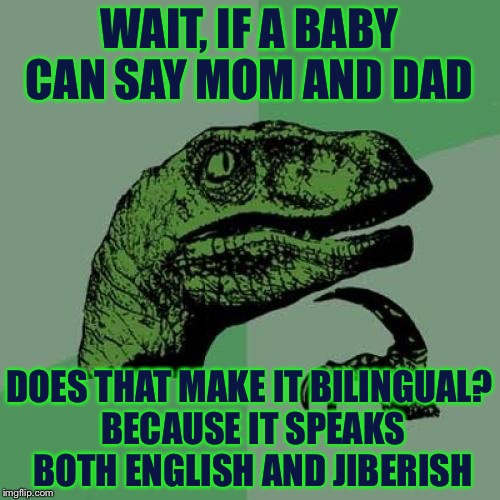 Philosoraptor Meme | WAIT, IF A BABY CAN SAY MOM AND DAD; DOES THAT MAKE IT BILINGUAL? BECAUSE IT SPEAKS BOTH ENGLISH AND JIBERISH | image tagged in memes,philosoraptor | made w/ Imgflip meme maker