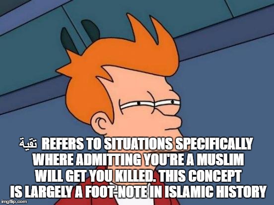 Futurama Fry Meme | تقیة  REFERS TO SITUATIONS SPECIFICALLY WHERE ADMITTING YOU'RE A MUSLIM WILL GET YOU KILLED. THIS CONCEPT IS LARGELY A FOOT-NOTE IN ISLAMIC  | image tagged in memes,futurama fry | made w/ Imgflip meme maker