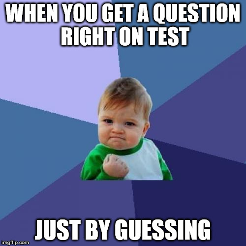 people in schools can relate | WHEN YOU GET A QUESTION RIGHT ON TEST; JUST BY GUESSING | image tagged in memes,success kid | made w/ Imgflip meme maker