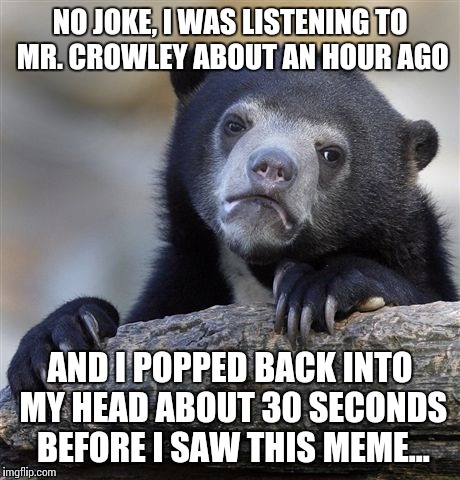 Confession Bear Meme | NO JOKE, I WAS LISTENING TO MR. CROWLEY ABOUT AN HOUR AGO AND I POPPED BACK INTO MY HEAD ABOUT 30 SECONDS BEFORE I SAW THIS MEME... | image tagged in memes,confession bear | made w/ Imgflip meme maker