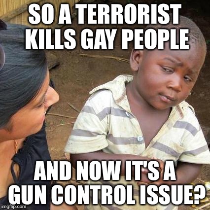 Third World Skeptical Kid Meme | SO A TERRORIST KILLS GAY PEOPLE; AND NOW IT'S A GUN CONTROL ISSUE? | image tagged in memes,third world skeptical kid | made w/ Imgflip meme maker