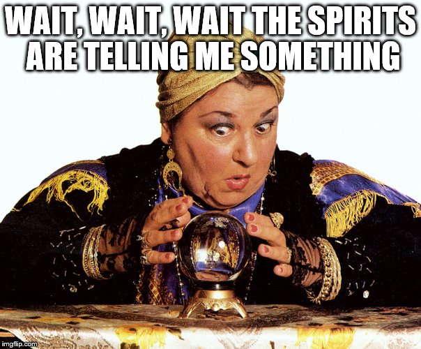 WAIT, WAIT, WAIT THE SPIRITS ARE TELLING ME SOMETHING | image tagged in fortune teller,wait | made w/ Imgflip meme maker