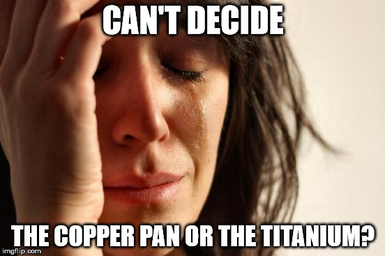 First World Problems | CAN'T DECIDE; THE COPPER PAN OR THE TITANIUM? | image tagged in memes,first world problems | made w/ Imgflip meme maker