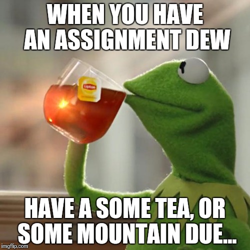 But That's None Of My Business Meme | WHEN YOU HAVE AN ASSIGNMENT DEW HAVE A SOME TEA, OR SOME MOUNTAIN DUE... | image tagged in memes,but thats none of my business,kermit the frog | made w/ Imgflip meme maker
