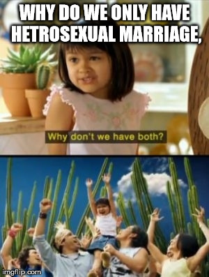 Why Not Both | WHY DO WE ONLY HAVE HETROSEXUAL MARRIAGE, | image tagged in memes,why not both | made w/ Imgflip meme maker